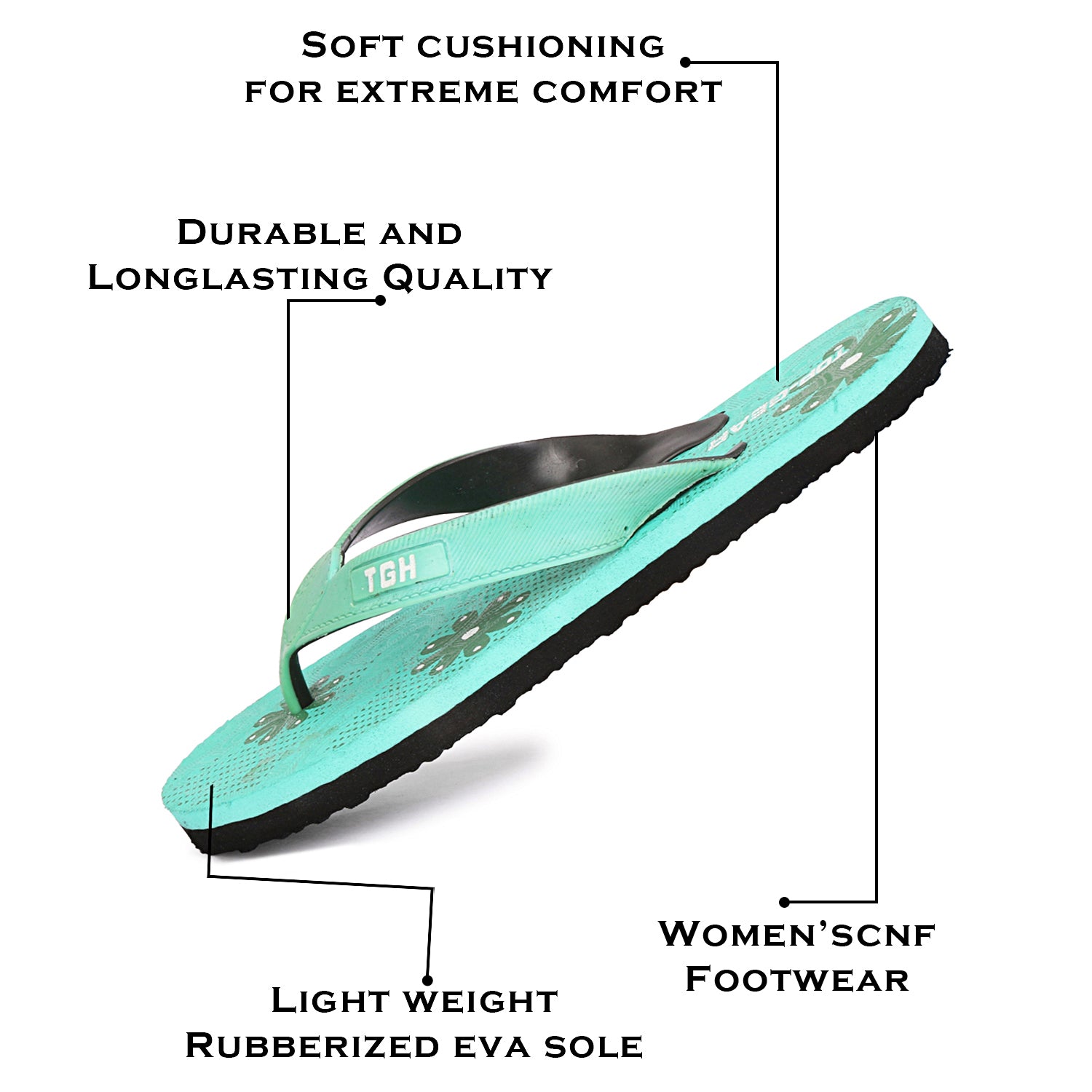 Women Flip Flops (Green, Black , 7)