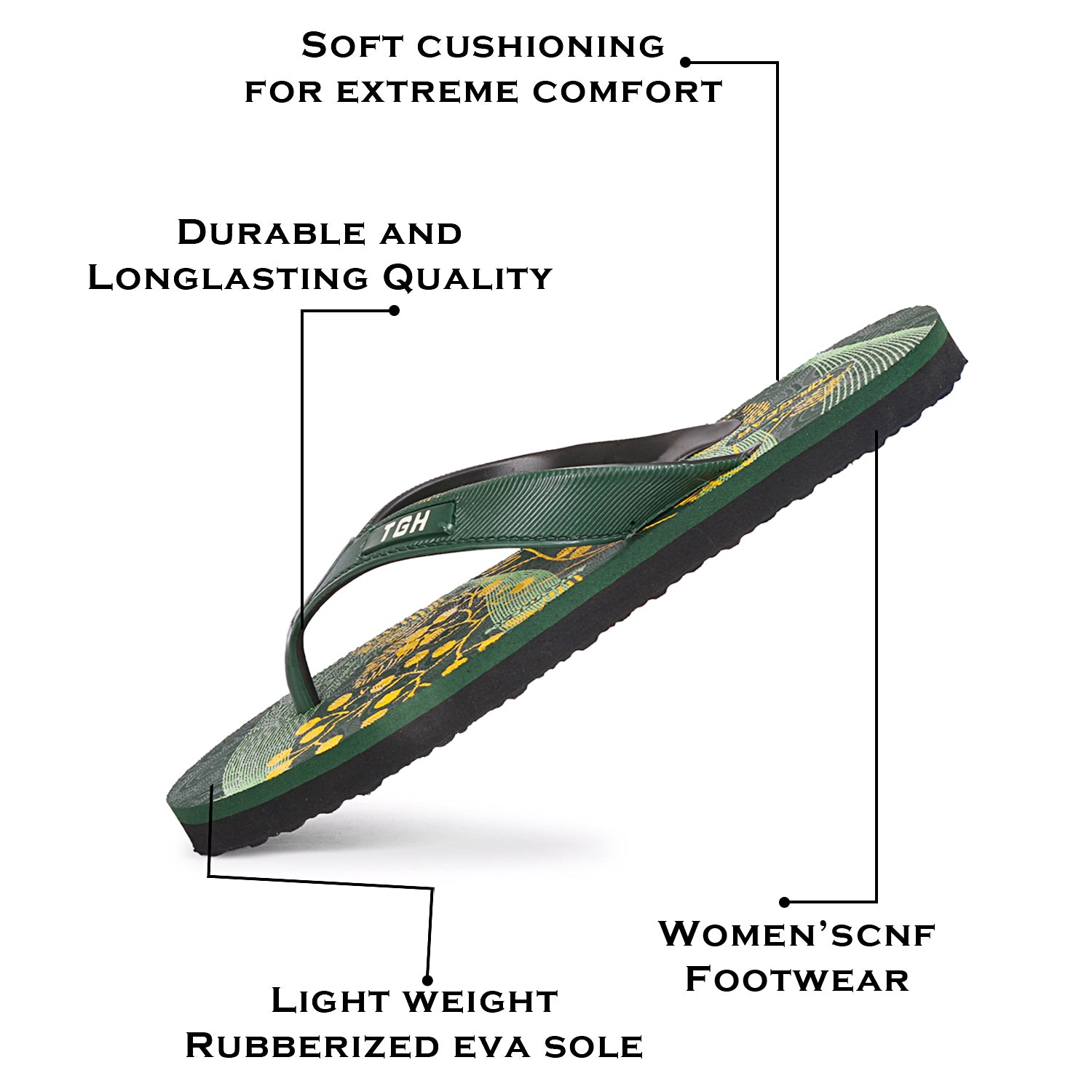 Women Flip Flops (Black, Green , 4)