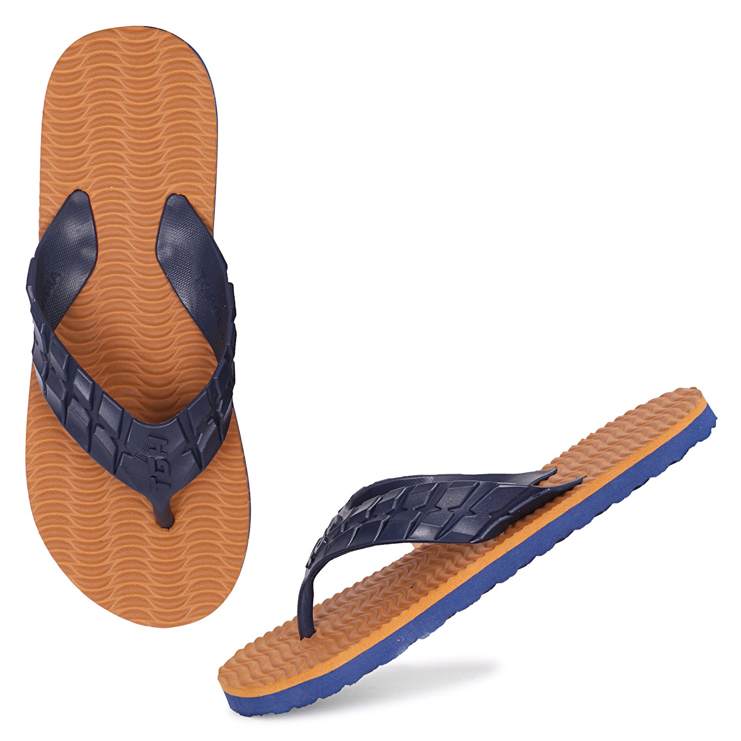Men Flip Flops  (Tan, Navy , 9)