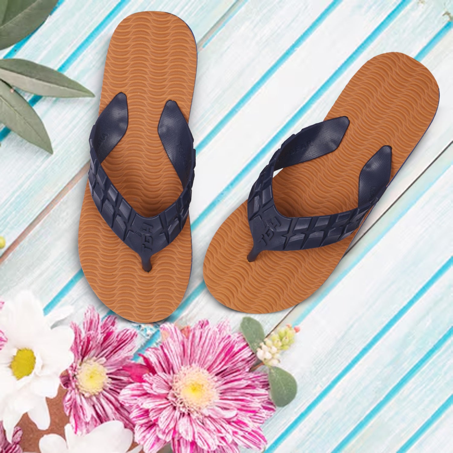 Men Flip Flops  (Tan, Navy , 9)