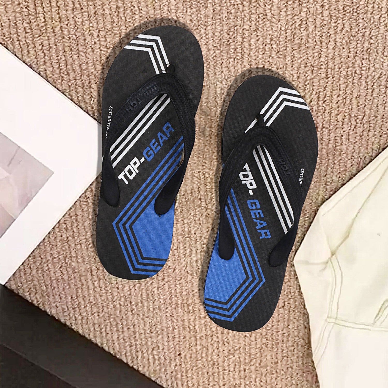 Men Flip Flops  (Black, Blue , 10)