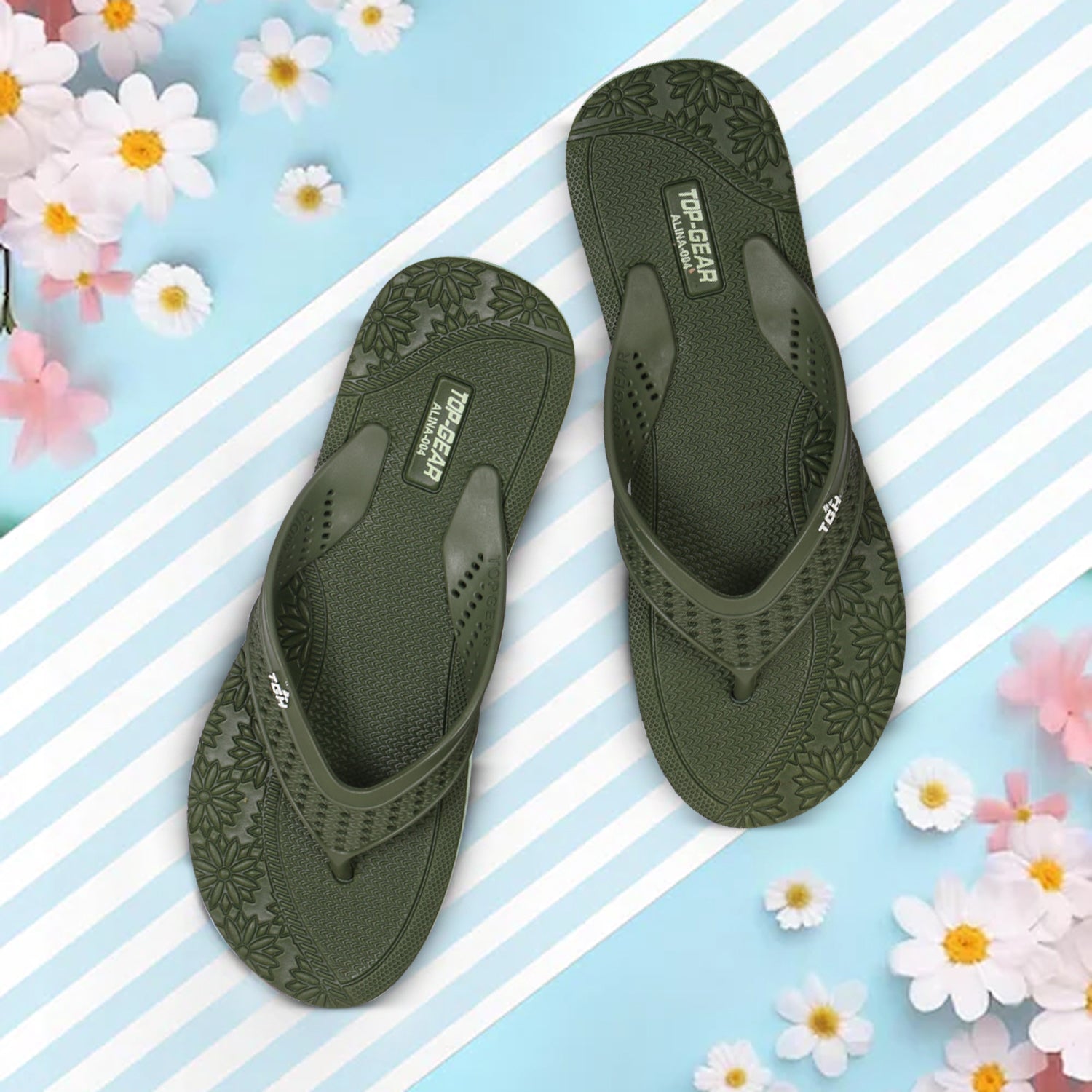 Women Flip Flops  (Beige, Green , 4)