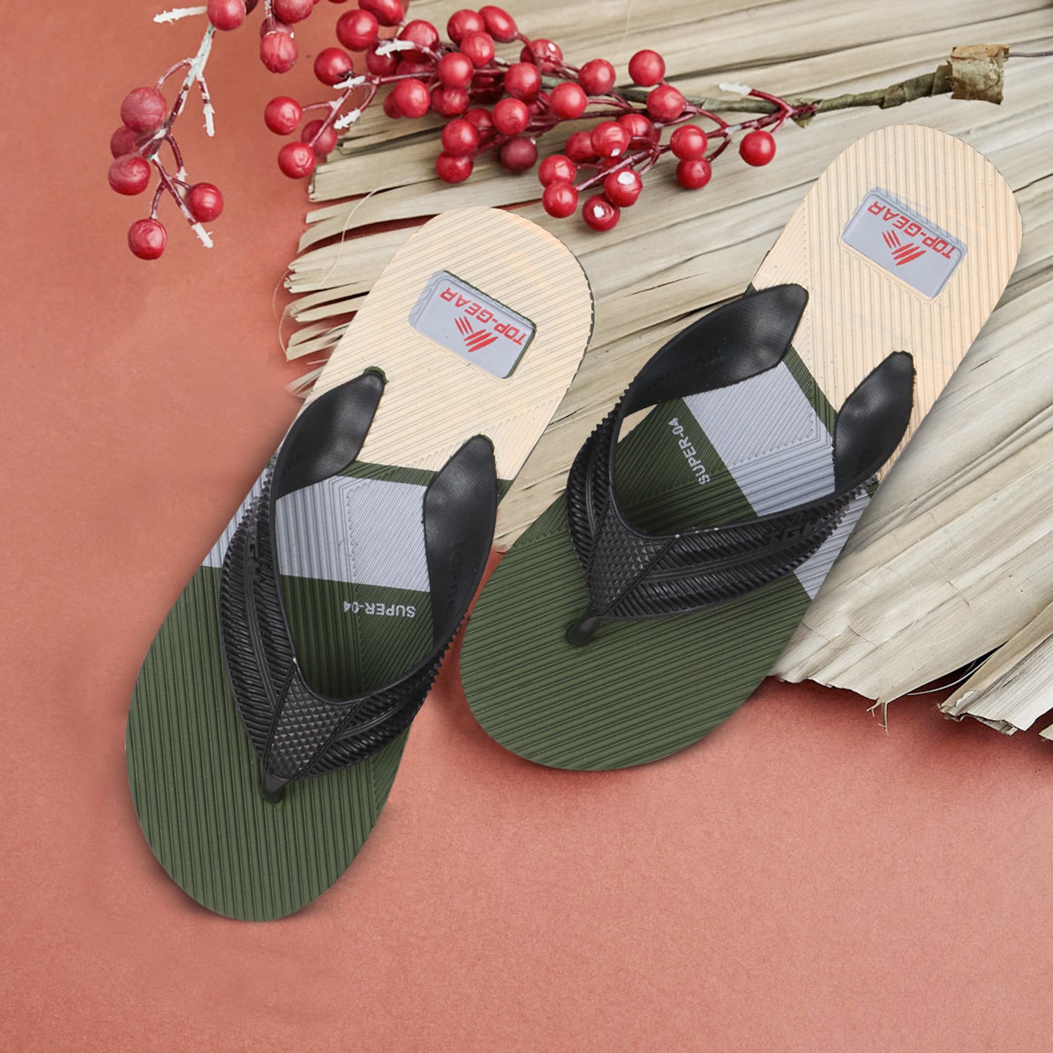 Men Flip Flops  (Olive, Black , 8)