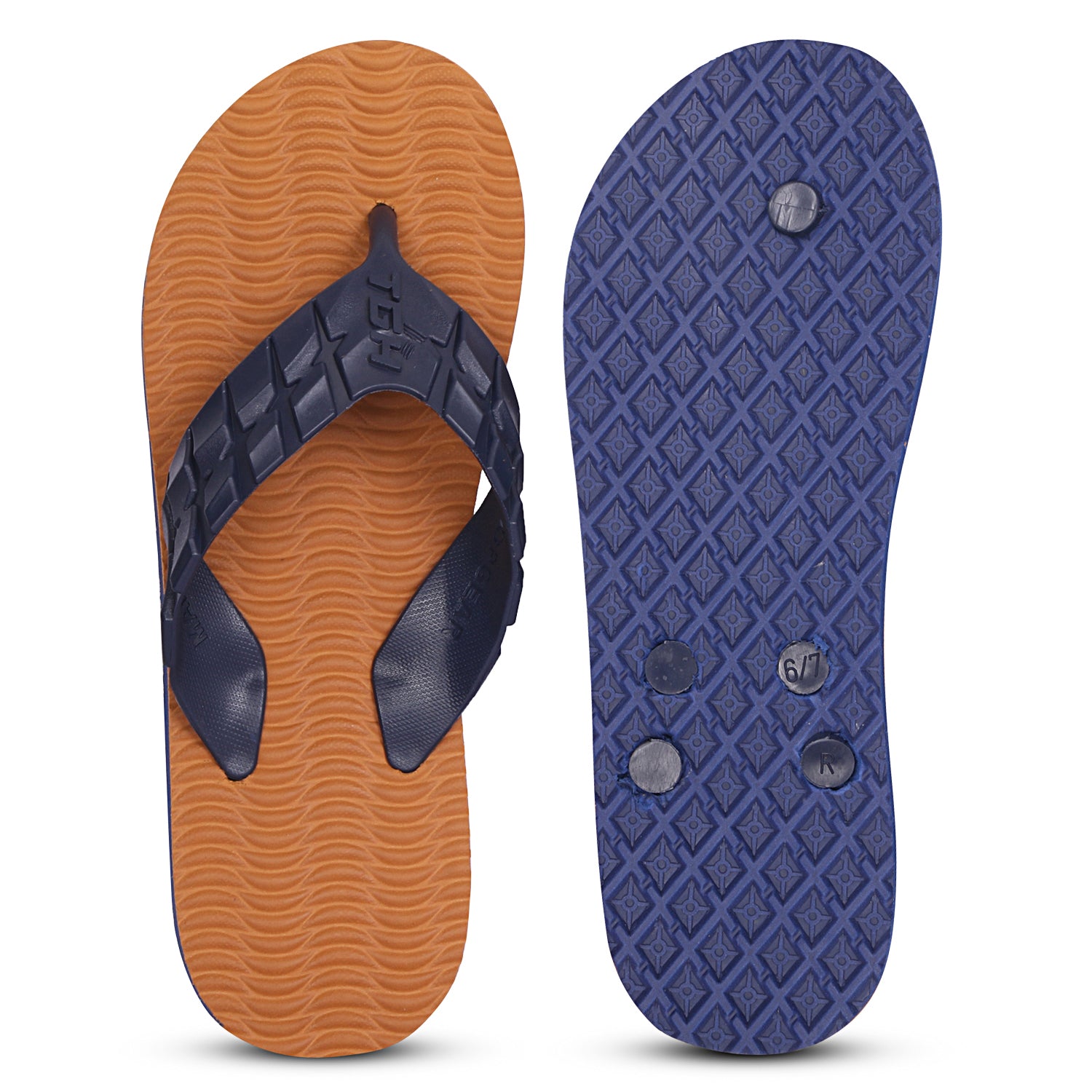 Men Flip Flops  (Tan, Navy , 9)